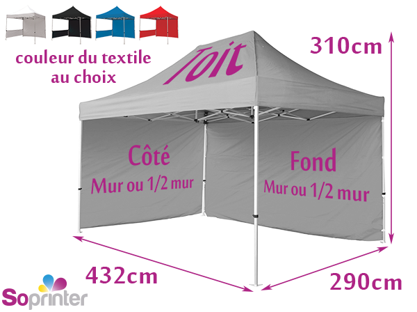 Tente 3 X 4,5 toit mur fond demi mur face