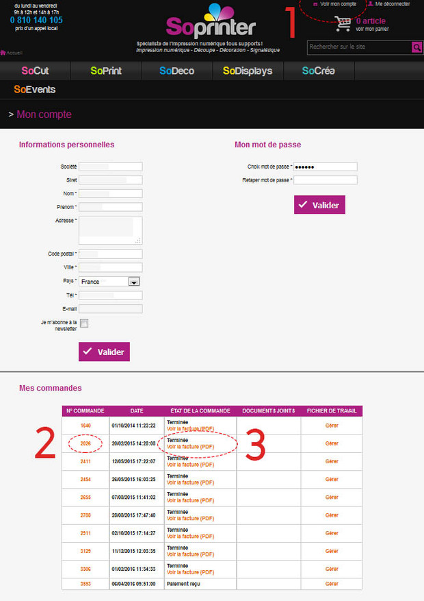 comment télécharger ça facture sur notre site soprinter